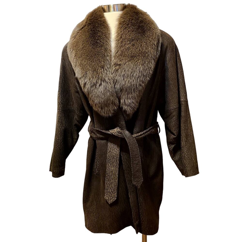 Greg Bell VTG Women's Leather Coat Mob Wife Sz S Open Wrap Fox Trim Excellent